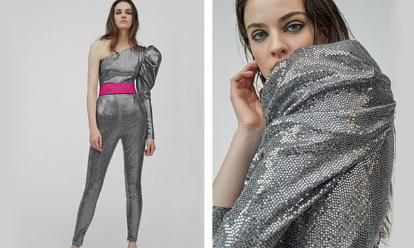 Bianca Jagger-inspired silver luxury jumpsuit by Abeer Shoukry-Al Otaiba of SemSem.